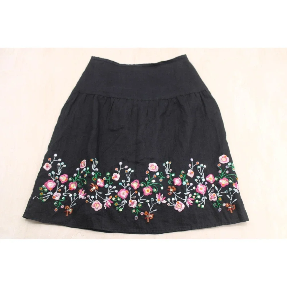 Carole Little Linen Skirt Wms 8 Black Floral‎ Embroidered Sequin A-Line Boho Y2K